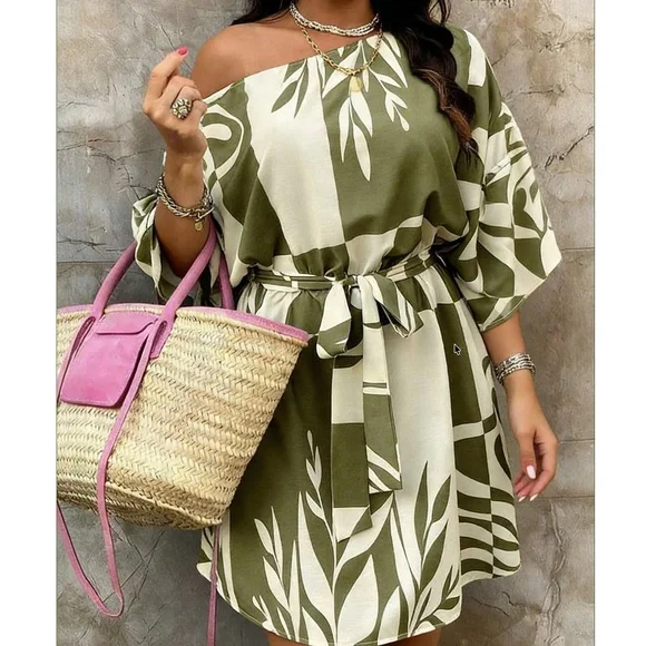 Plus Tropical Print One Shoulder Belted Batwing Sleeve Dress - Picture 9 of 9